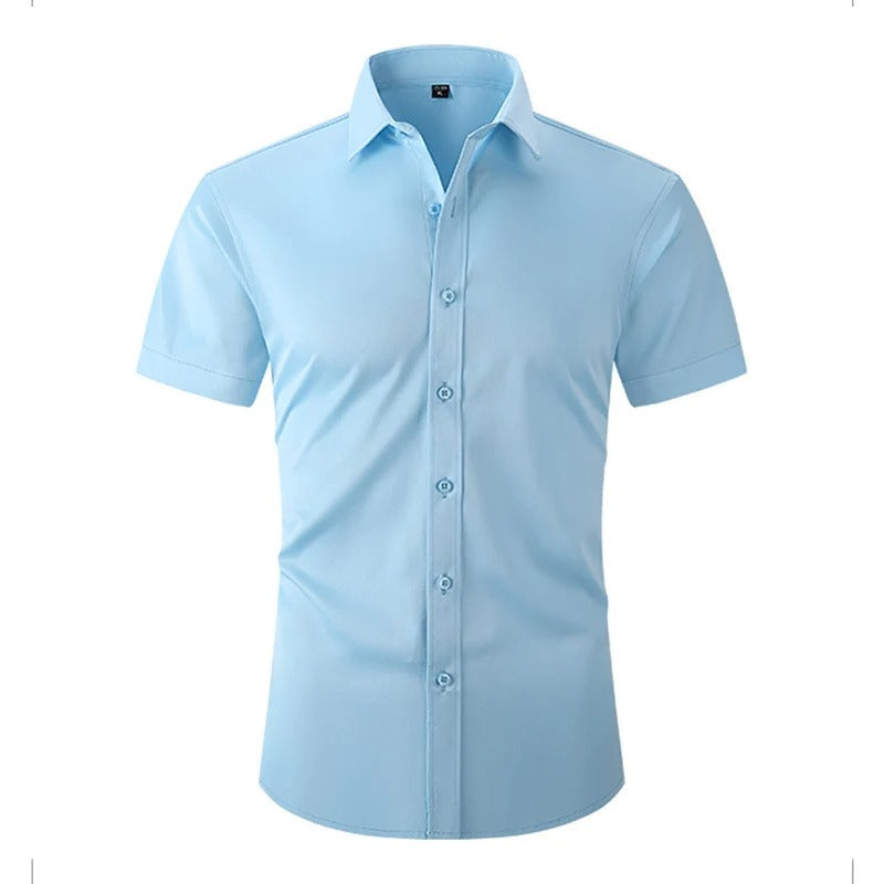 Front view of the shirt in light blue, with matching blue buttons down the placket 3
