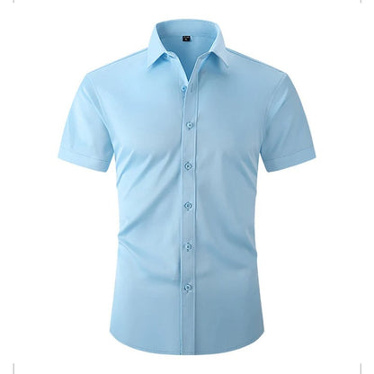 Front view of the shirt in light blue, with matching blue buttons down the placket 3