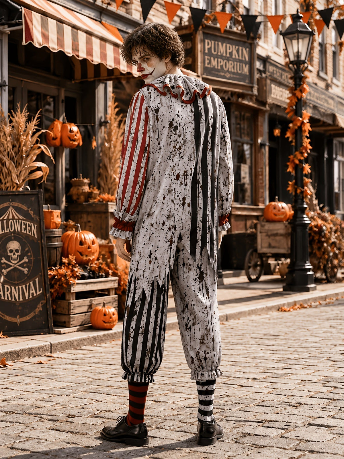 Back view of the jumpsuit, with the model glancing over his shoulder, showing the ruffled collar and jagged hem panels. 3