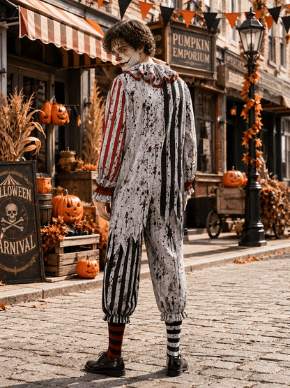 Back view of the jumpsuit, with the model glancing over his shoulder, showing the ruffled collar and jagged hem panels. 3