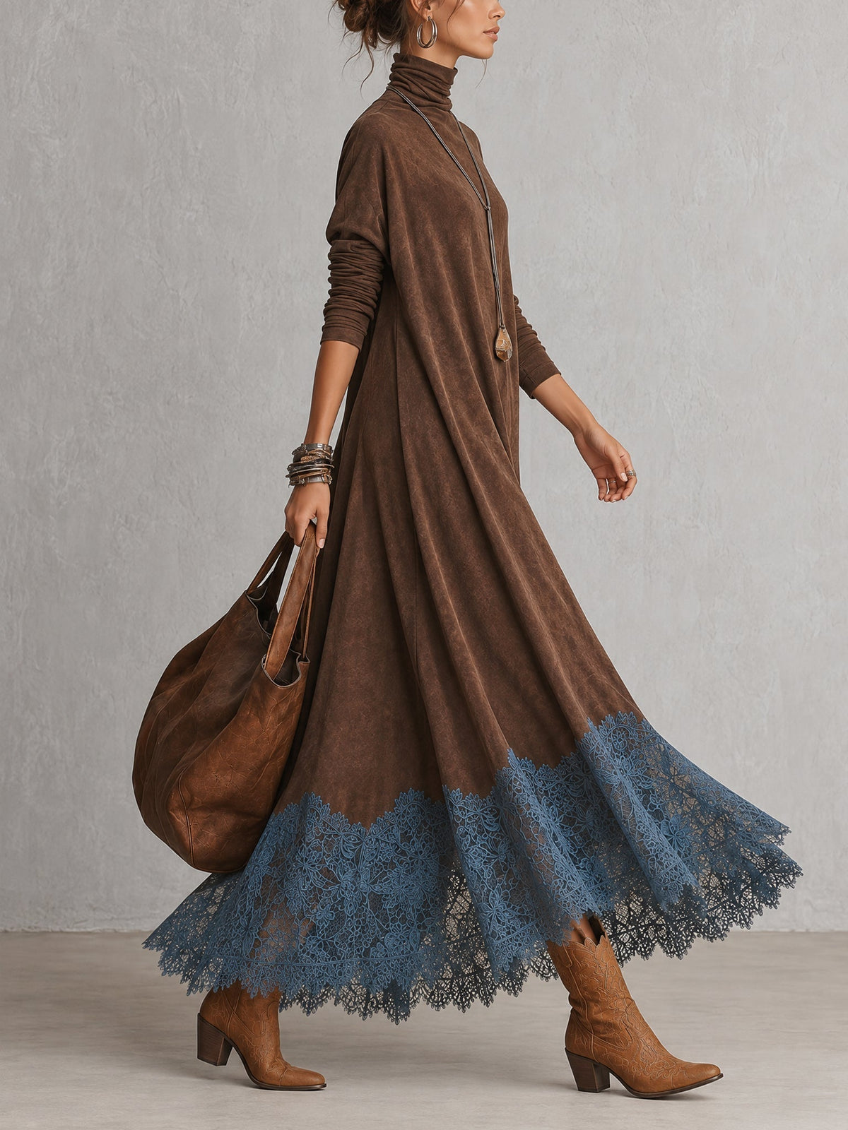 Side view of the brown dress in motion, showing the full flowing skirt and blue lace hem 9