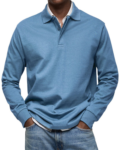 Light blue version worn by a model, hands in jeans pockets, striped shirt underneath 2