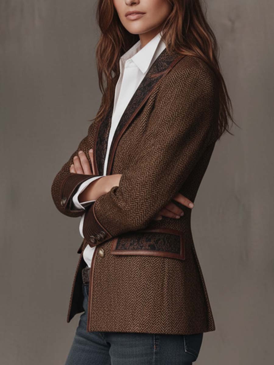 Three-quarter side view of the blazer, arms folded, showing the patterned lapel and pocket flap 3