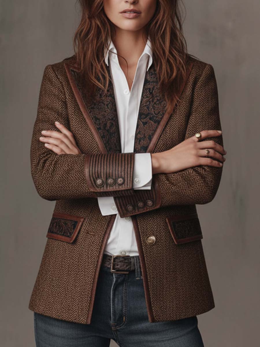 Front view with arms crossed, showing striped cuffs with three buttons and paisley-trimmed pocket flaps 2