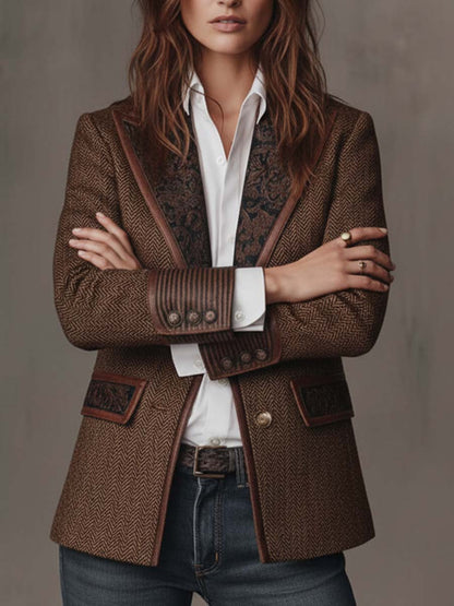 Front view with arms crossed, showing striped cuffs with three buttons and paisley-trimmed pocket flaps 2