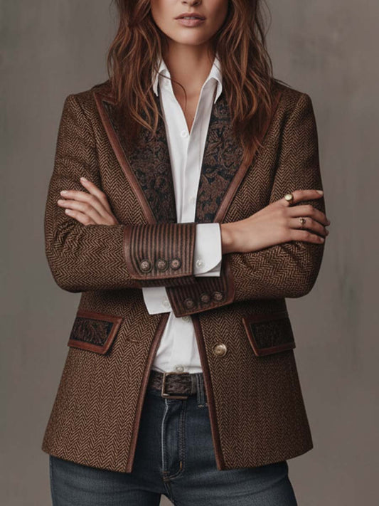 Front view with arms crossed, showing striped cuffs with three buttons and paisley-trimmed pocket flaps 2