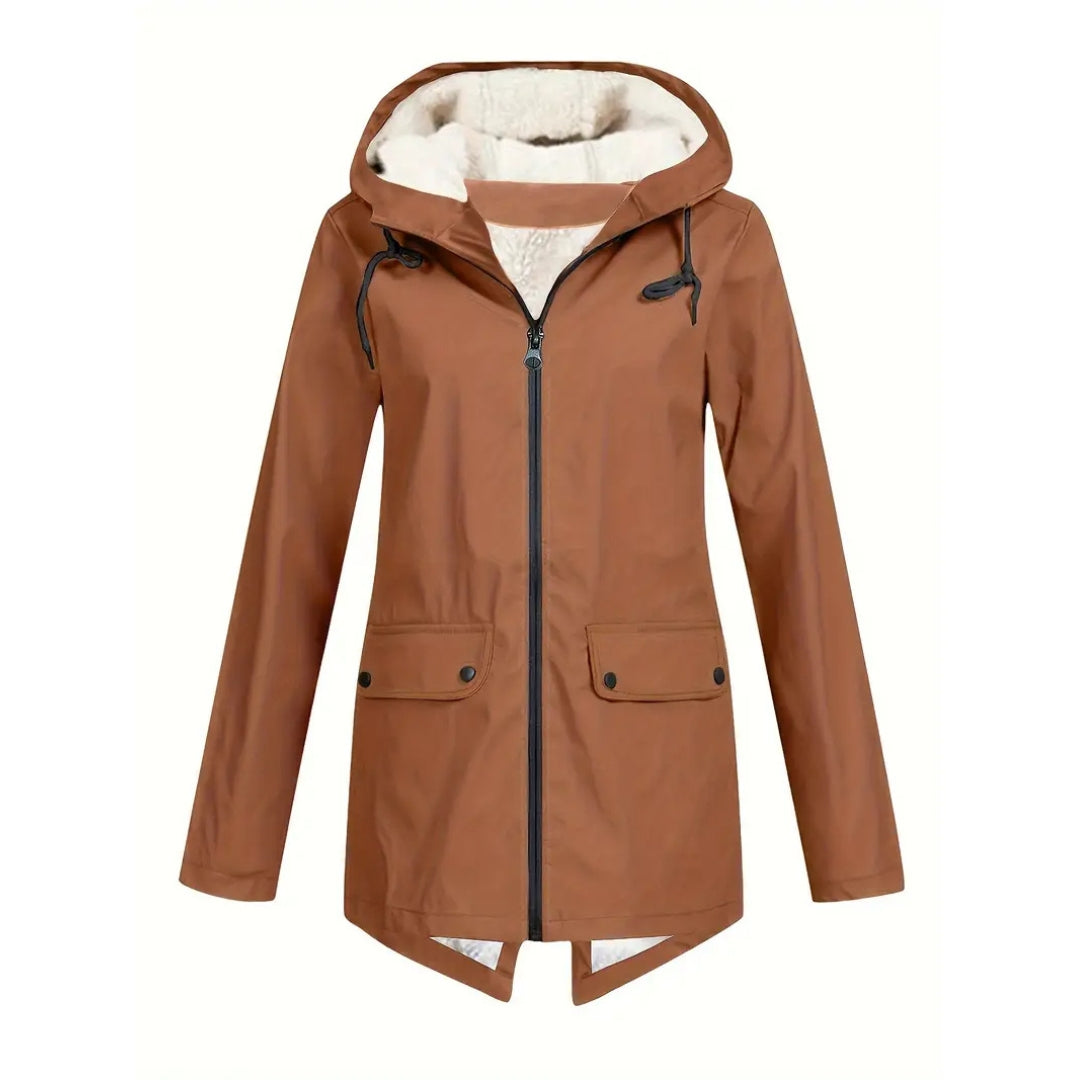 Flat front view of the tan-brown jacket with the hood lined in cream fleece, black zip, drawcords and two flap pockets. 4