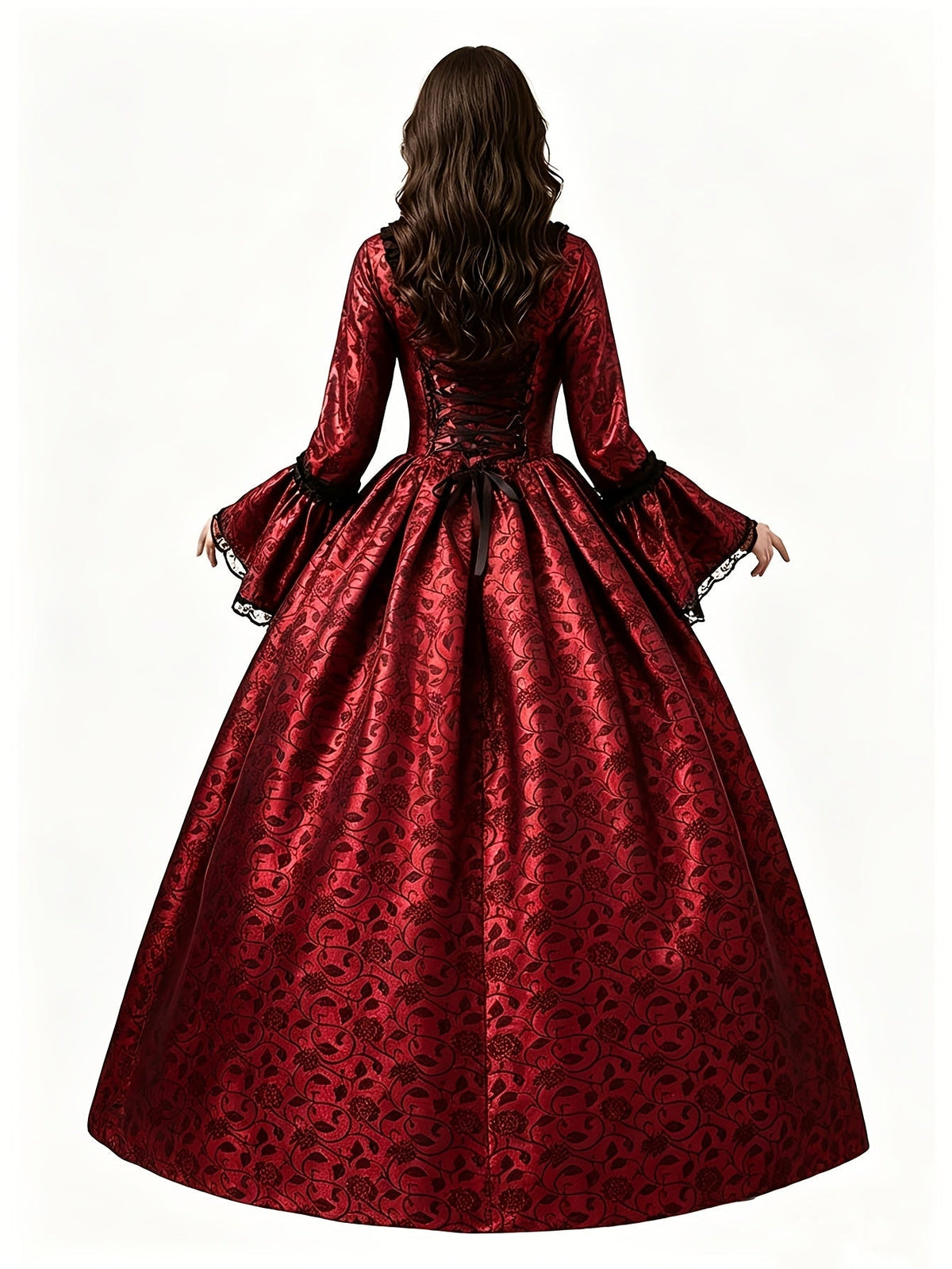 Back view of the red floral brocade gown showing the lace-up corset back, black ribbon bow and full gathered skirt. 11