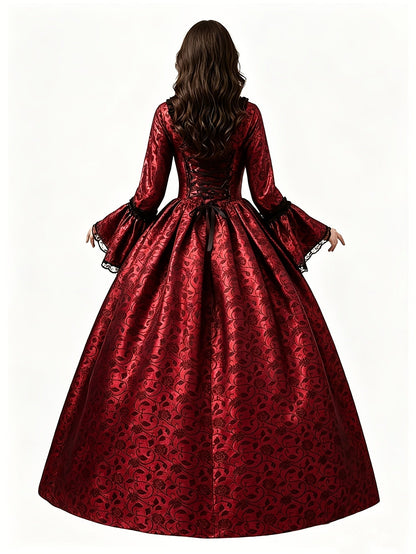 Back view of the red floral brocade gown showing the lace-up corset back, black ribbon bow and full gathered skirt. 11