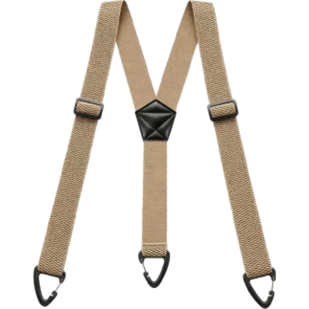Beige Y-back braces laid flat, with three black clips and a black centre patch 10