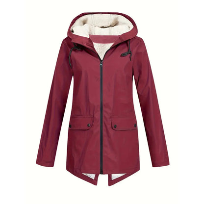 Flat front view of the jacket in burgundy red, with fleece-lined hood, black drawcords, centre zip and two buttoned flap pockets. 8