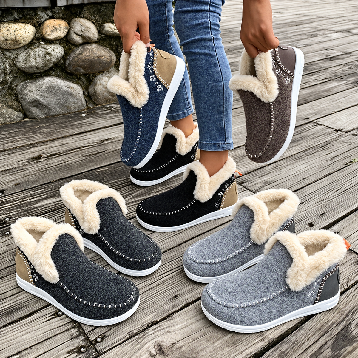 Five colour options of the plush-lined slip-ons arranged on wooden boards, some held in the air 6