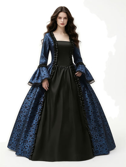 Front view of the navy floral brocade ball gown with black bodice panel, ruffled trim and flared sleeves, on a plain white background. 3