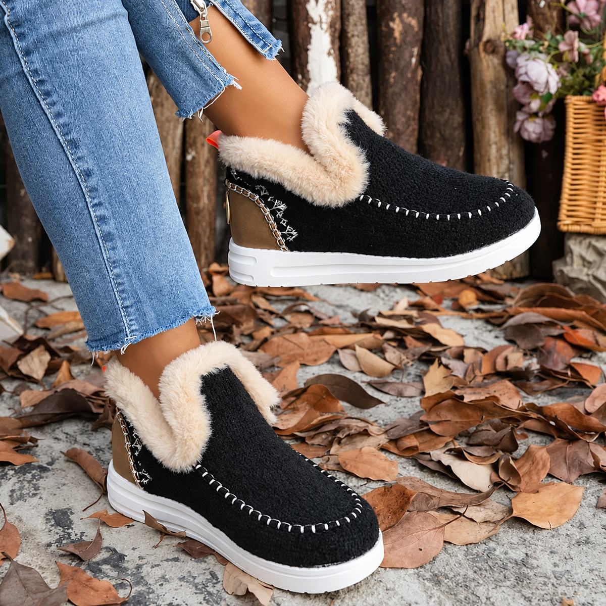 Black slip-ons with cream plush collar, white stitching and tan heel panel, worn with jeans on autumn leaves 1