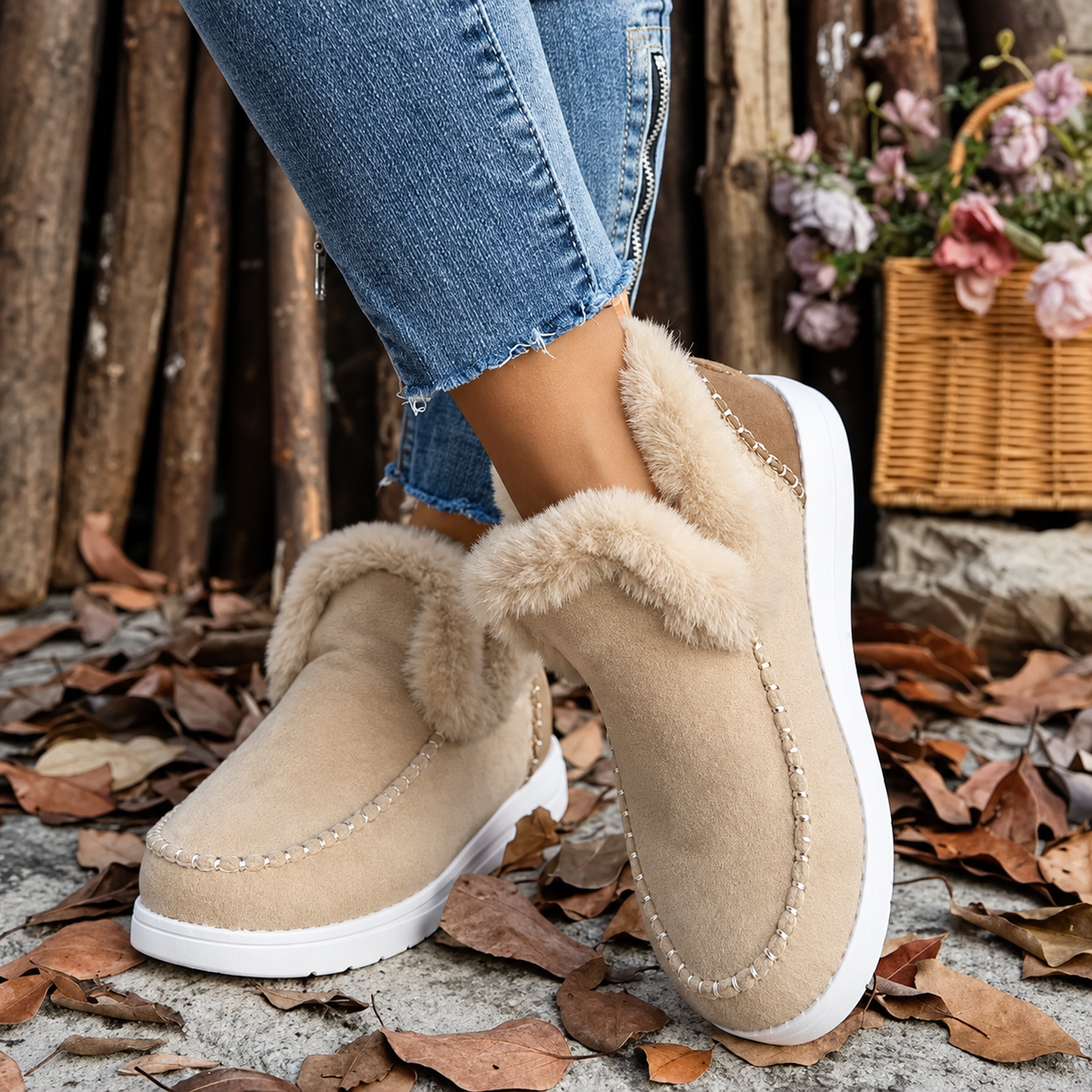 Beige slip-ons worn with ankle-zip jeans, showing the fluffy collar and chunky white sole 9