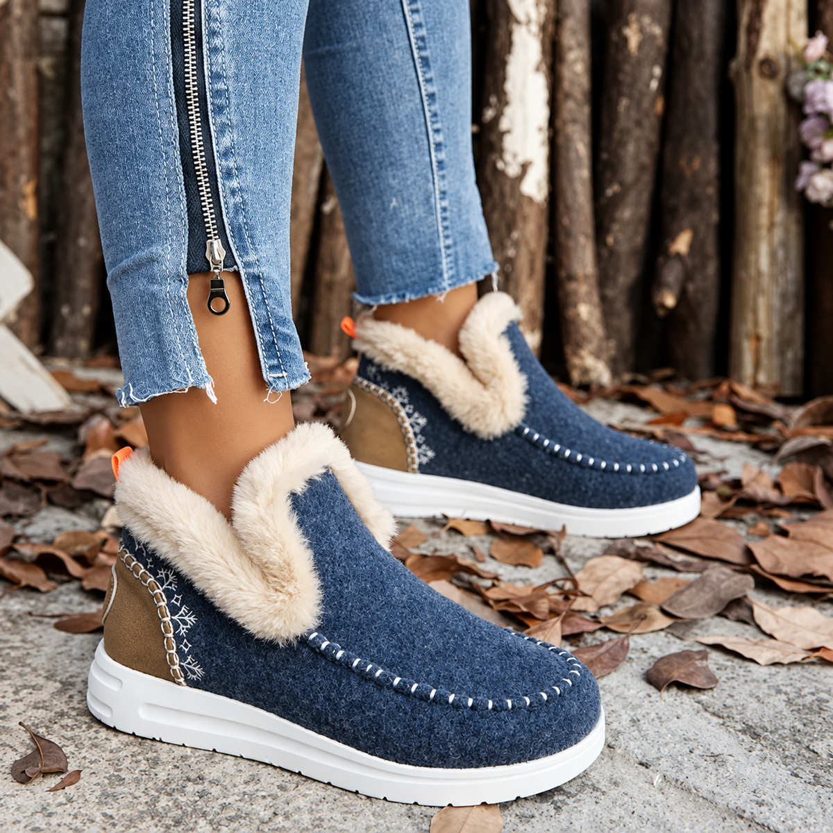 Navy slip-ons worn outdoors, side view showing snowflake embroidery, tan heel panel and orange heel loop 10