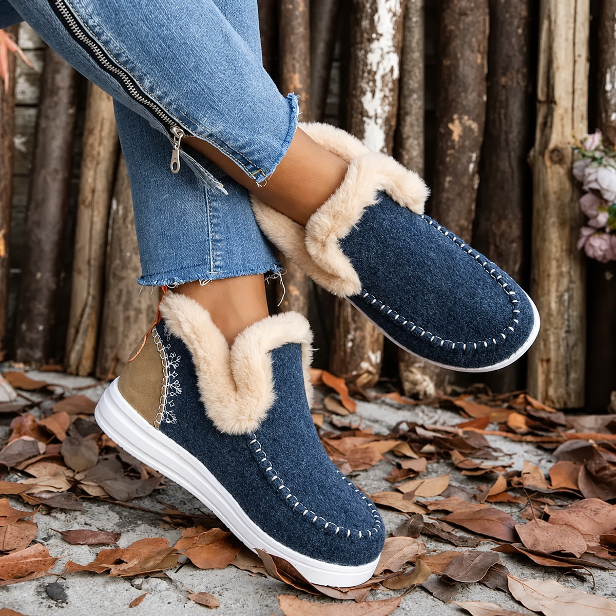 Navy blue slip-ons with cream plush lining and stitched toe, worn with legs crossed on fallen leaves 4