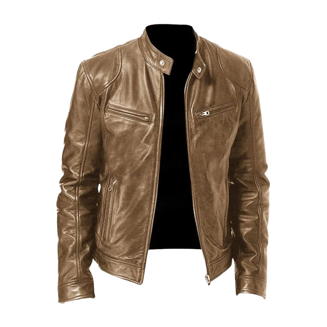 Light tan-brown version of the stand-collar jacket, open at the front, showing shoulder panels and zip pockets 3