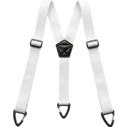 White Y-back braces laid flat, with black centre patch, adjusters and three black clips 4