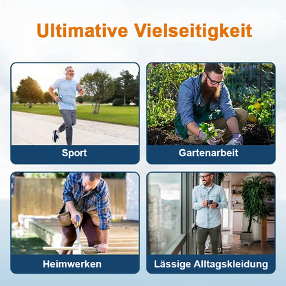 Four-panel collage of men jogging, gardening, doing woodwork and relaxing at home, with German captions 17