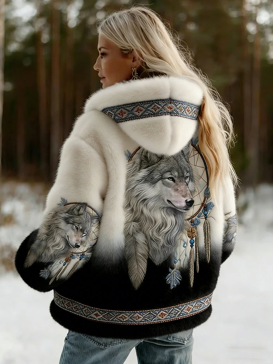 Back view of the fluffy hooded jacket fading from white to black, with a large wolf print 3