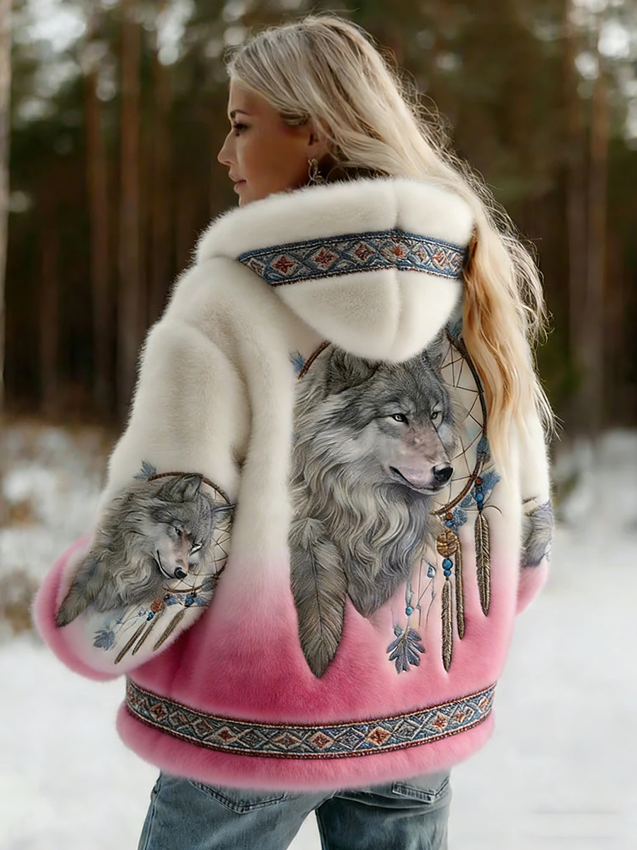 Back view of the plush hooded jacket with a white-to-pink fade and a wolf dreamcatcher design 4