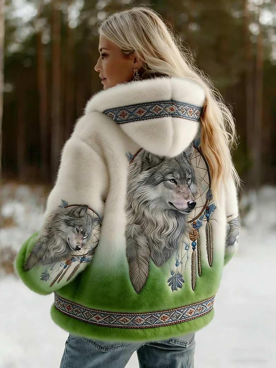 Back view of the plush hooded jacket with a white-to-green fade, showing the wolf and feather print 5