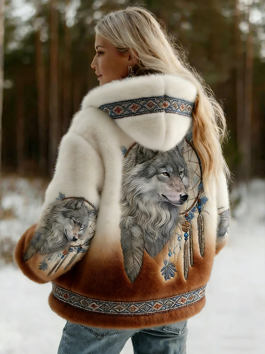Back view of the plush hooded jacket with a white-to-brown fade and a patterned band at the hem 6