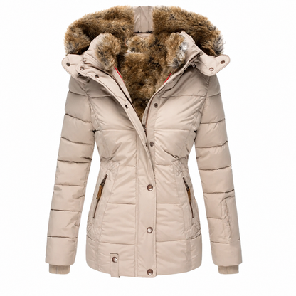 Beige fitted quilted parka with fur-lined hood, front view on a plain white background 3