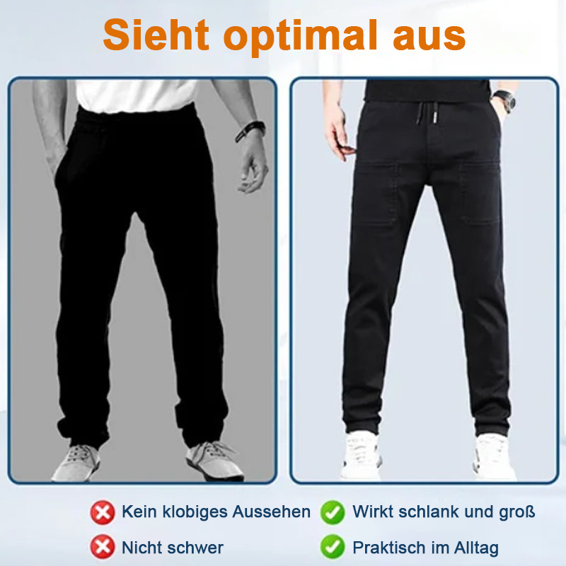 Side-by-side comparison of baggy black trousers and slimmer black cargo trousers, with German checklist 18