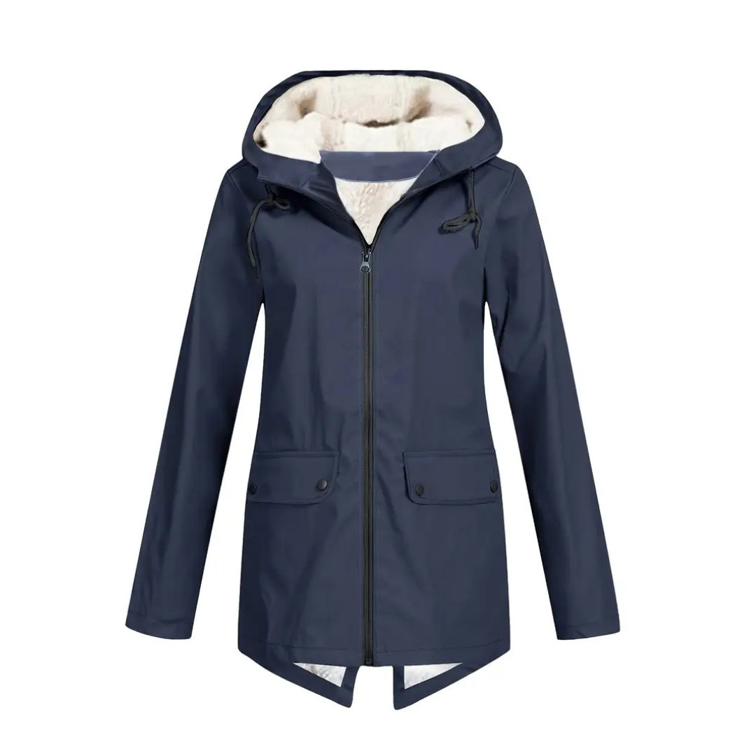 Flat front view of the jacket in navy blue, showing the cream fleece-lined hood, centre zip and two buttoned flap pockets. 6