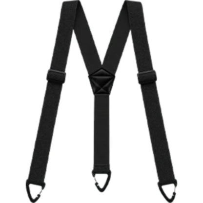 Black Y-back braces laid flat, with two shoulder straps joining one rear strap and three clips 2