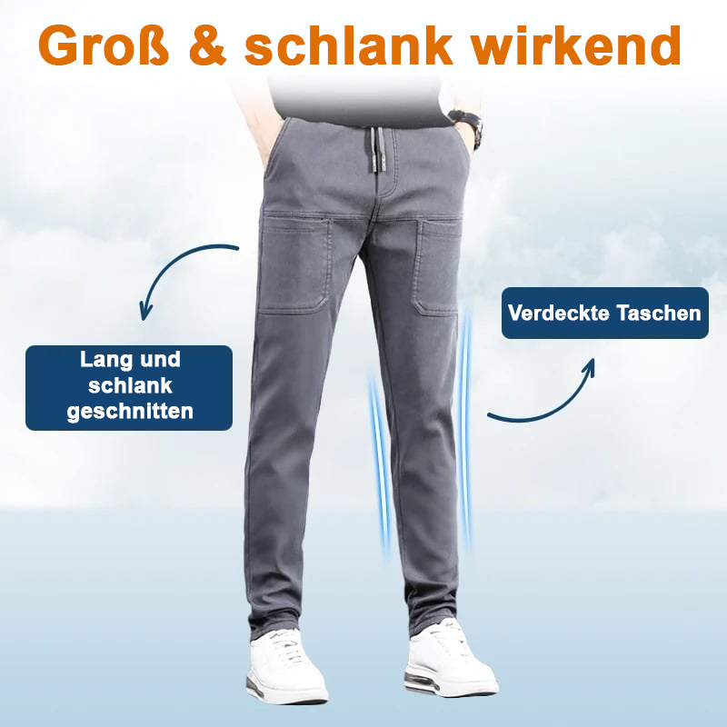 Grey trousers on a model with arrows pointing to the slim cut and concealed pockets 19