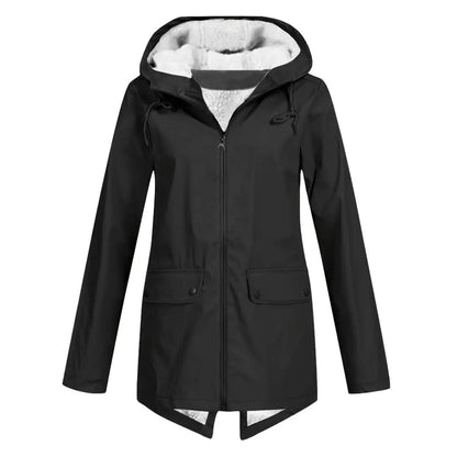 Flat front view of the jacket in black, with cream fleece inside the hood, a front zip and two buttoned flap pockets. 5
