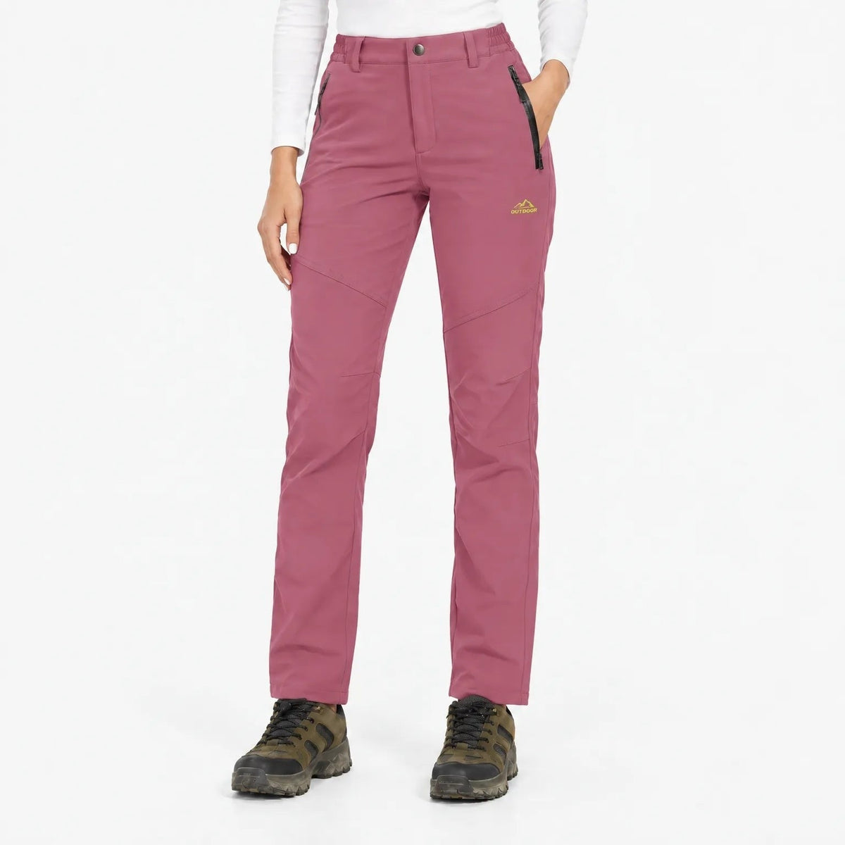 Front view of the trousers in a dusky rose pink with zipped pockets 17