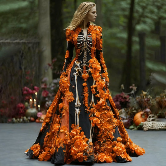 Model in a forest setting wears the black skeleton-print maxi dress with orange three-dimensional roses covering the sleeves, bodice and flared skirt. 1