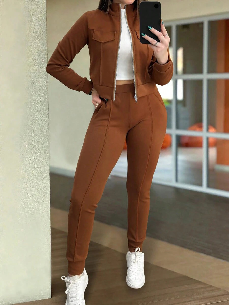 Women's Elegant Two-Piece Zip-Up Jacket & Pants Set