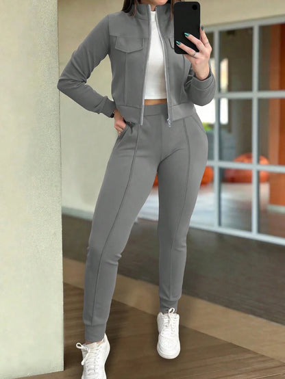 Women's Elegant Two-Piece Zip-Up Jacket & Pants Set