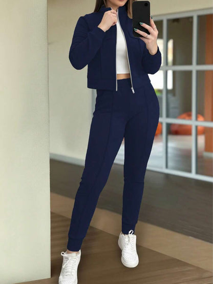 Women's Elegant Two-Piece Zip-Up Jacket & Pants Set