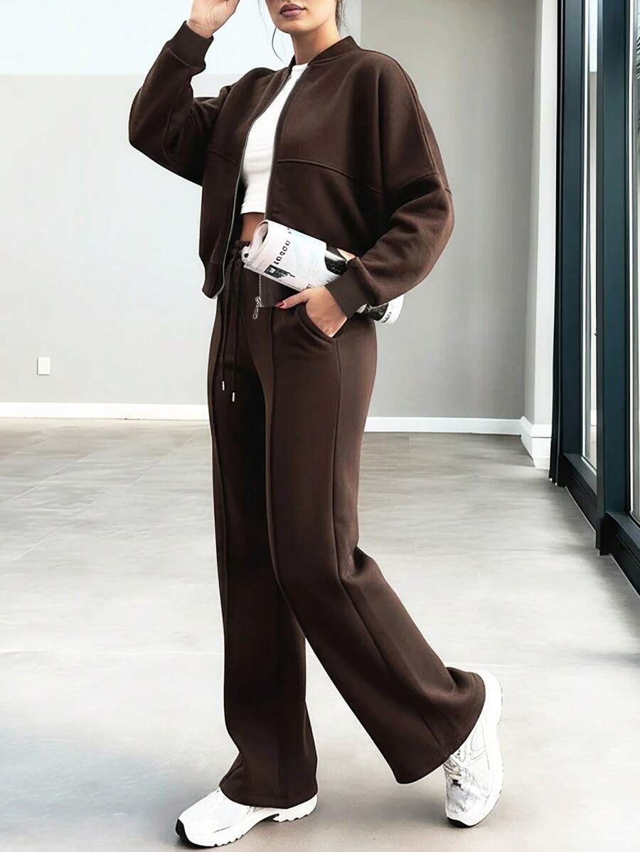 Women's Elegant Two-Piece Zip-Up Jacket & Straight-Leg Pants Set