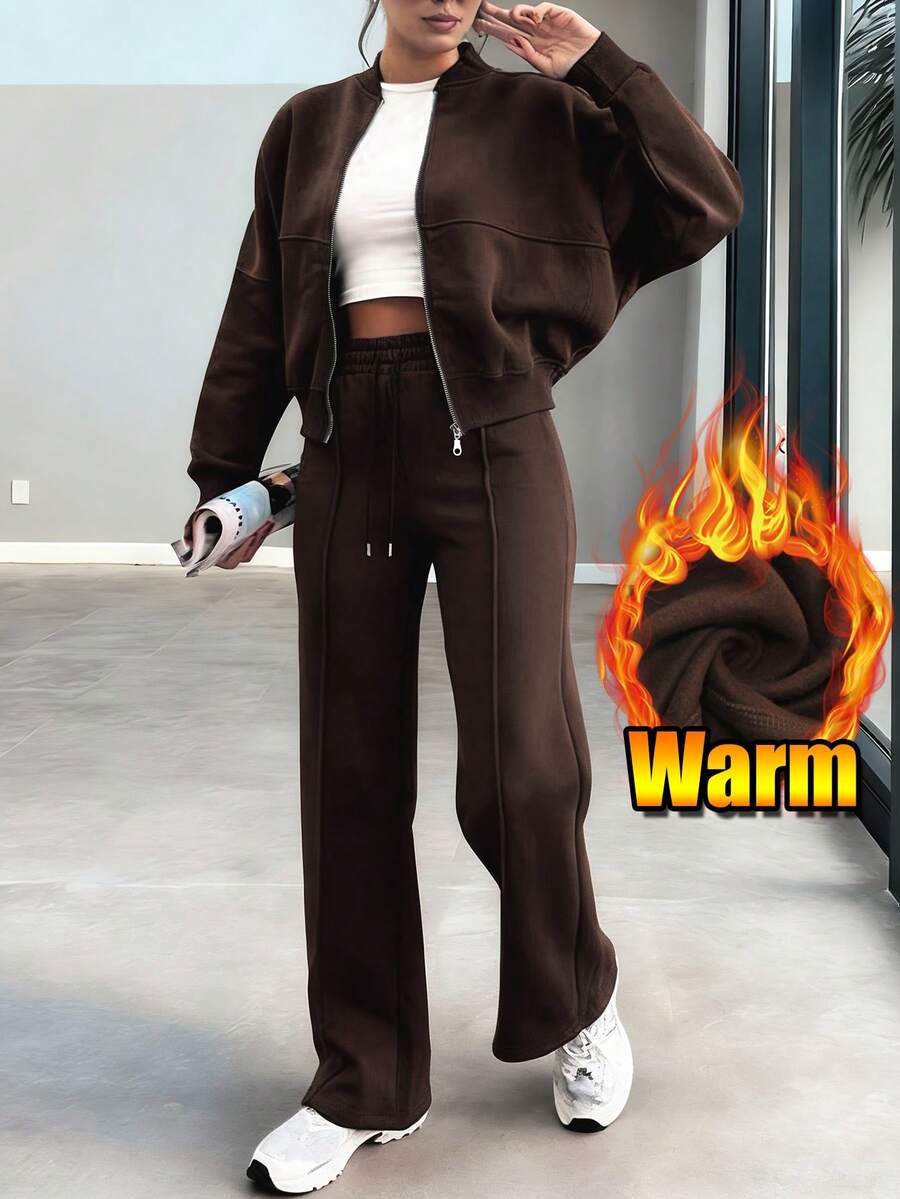 Women's Elegant Two-Piece Zip-Up Jacket & Straight-Leg Pants Set