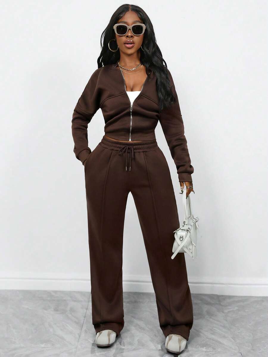 Women's Elegant Two-Piece Zip-Up Jacket & Straight-Leg Pants Set