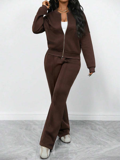 Women's Elegant Two-Piece Zip-Up Jacket & Straight-Leg Pants Set