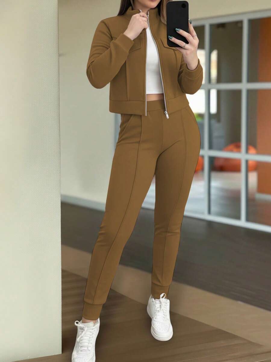 Women's Elegant Two-Piece Zip-Up Jacket & Pants Set