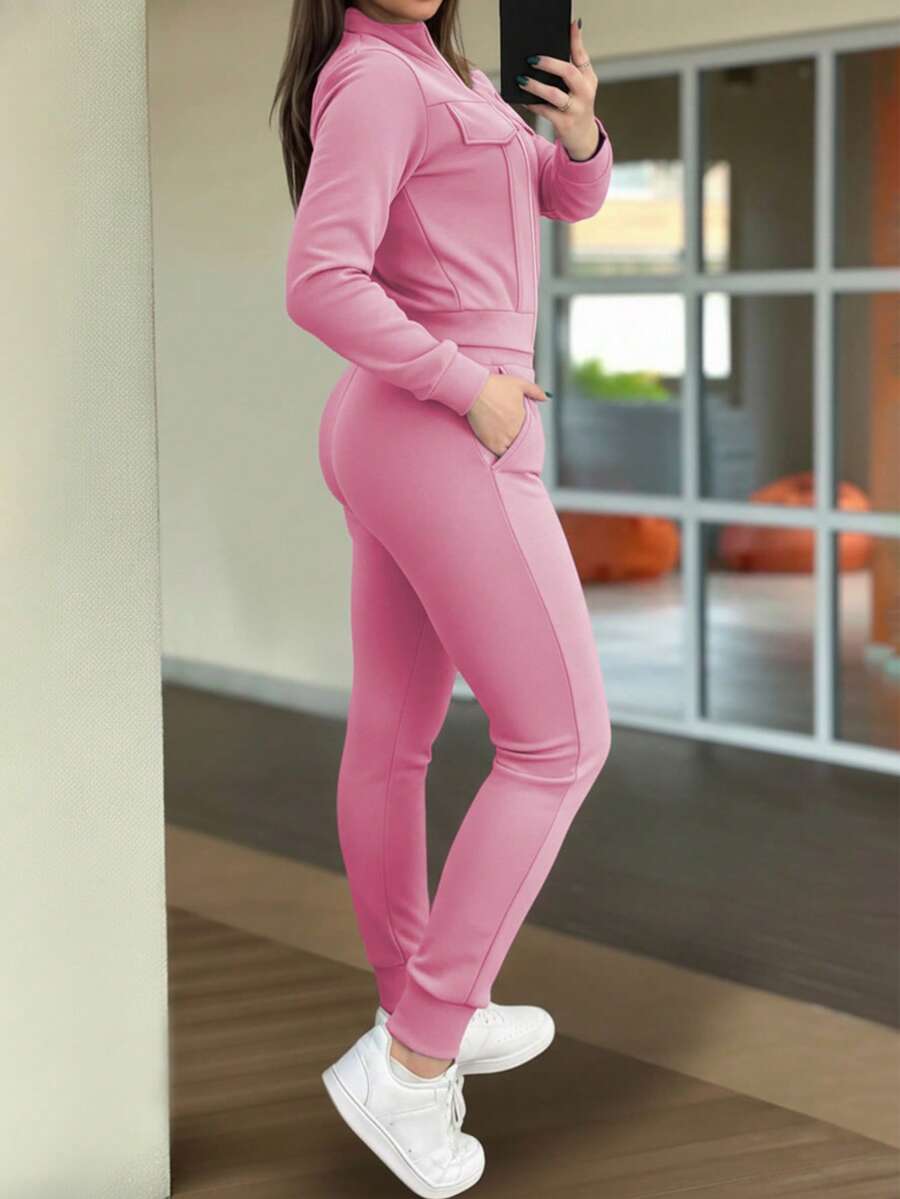 Women's Elegant Two-Piece Zip-Up Jacket & Pants Set