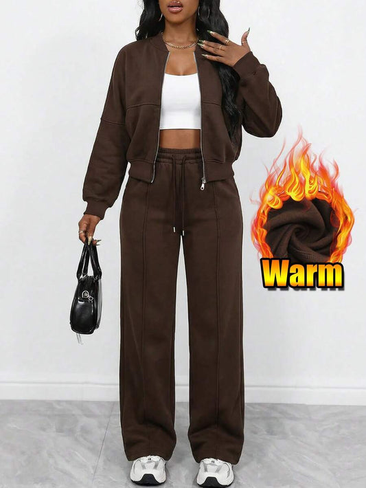 Women's Elegant Two-Piece Zip-Up Jacket & Straight-Leg Pants Set