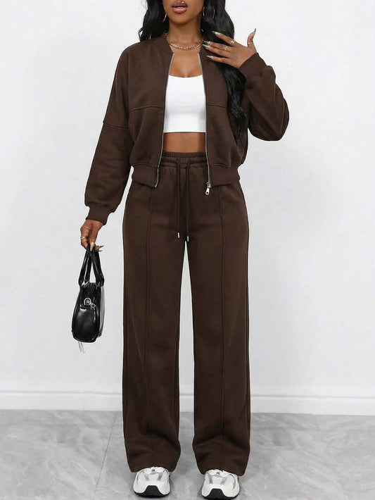 Women's Elegant Two-Piece Zip-Up Jacket & Straight-Leg Pants Set