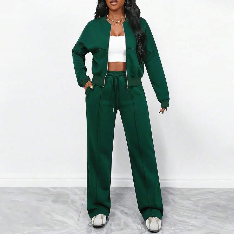 Women's Elegant Two-Piece Zip-Up Jacket & Straight-Leg Pants Set