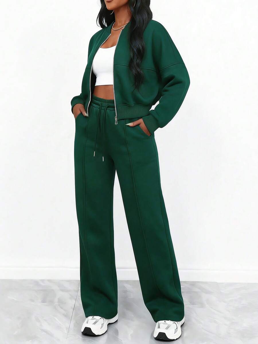 Women's Elegant Two-Piece Zip-Up Jacket & Straight-Leg Pants Set