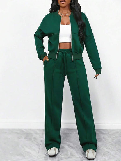 Women's Elegant Two-Piece Zip-Up Jacket & Straight-Leg Pants Set